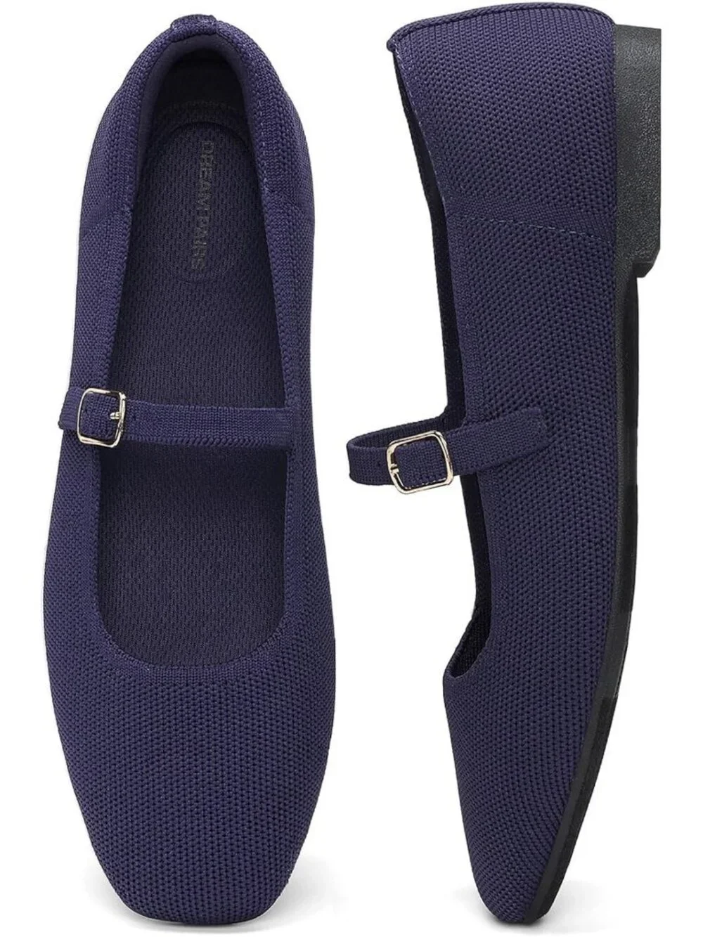 Women's Navy Knit Mary Jane Square Toe Stretchy Buckle Ballet Flats Casual Shoes
